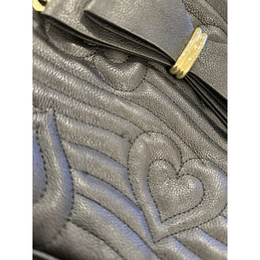 Betsey Johnson Black Quilted Heart Bow Mini Backpack Purse Gold Accents